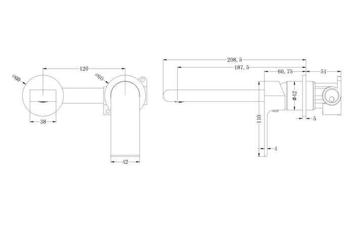 Technical Drawing: Nero Bianca Wall Basin Mixer Separate Back Plate Brushed Nickel