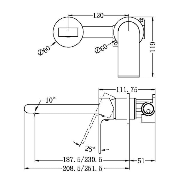 Technical Drawing Nero Bianca Wall Basin/Bath Mixer Separate Back Plate 230mm Matte Black NR321510FMB - The Blue Space