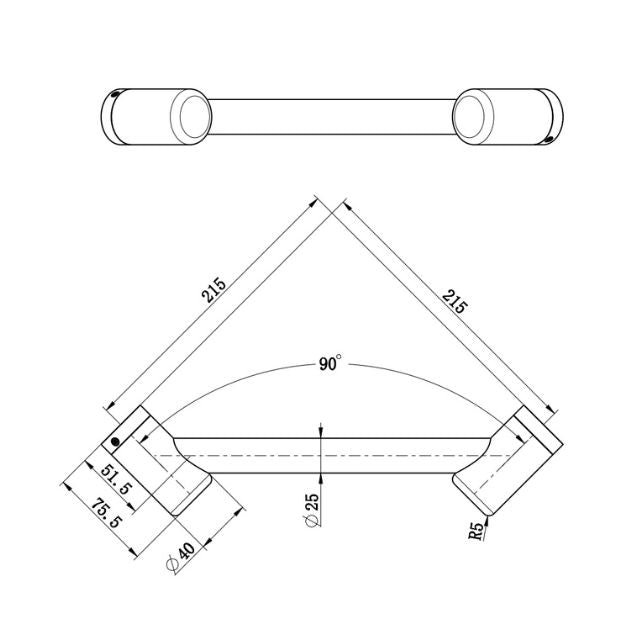 Technical Drawing Nero Mecca Care 25mm Footrest Corner Grab Rail 215mm Chrome NRCR2508WCH - The Blue Space