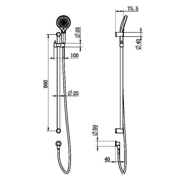Technical Drawing Nero Mecca Care 25mm Grab Rail and Adjustable Shower Rail Set 900mm Matte Black NRCS004MB - The Blue Space