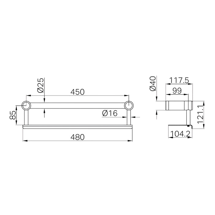 Line Drawing Nero Mecca Care 25mm Grab Rail With Shelf 450mm Chrome NRCR2518CCH - The Blue Space