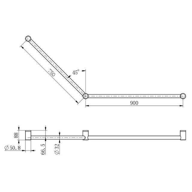 Technical Drawing Nero Mecca Care 32mm DDA Grab Rail Set 45 Degree 750x900mm Brushed Nickel NRCR3245BN - The Blue Space