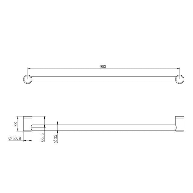Technical Drawing Nero Mecca Care 32mm Grab Rail 900mm Chrome NRCR3230CH - The Blue Space