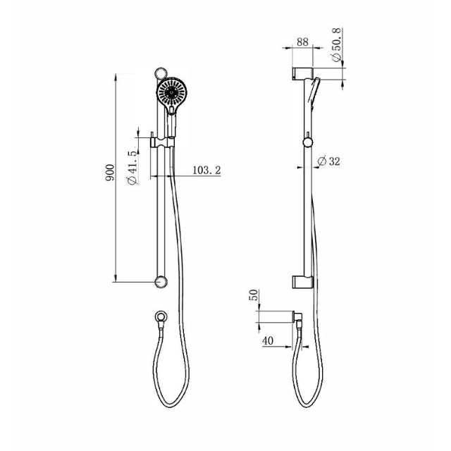 Technical Drawing Nero Mecca Care 32mm Grab Rail and Adjustable Shower Rail Set 900mm Matte Black NRCS005MB - The Blue Space