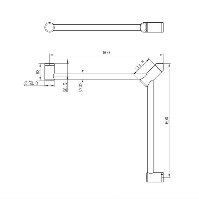 Technical Drawing Nero Mecca Care 32mm Wrap Around Corner Grab Rail 600x600mm Chrome NRCR3290WCH - The Blue Space