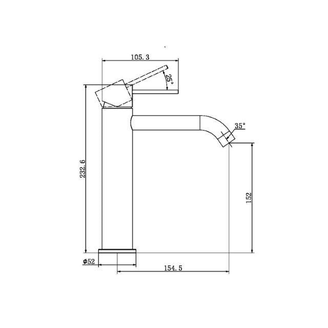Technical Drawing Nero Mecca Mid Tall Basin Mixer Matte Black - NR221901EMB - The Blue Space