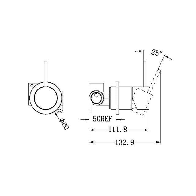 Technical Drawing Nero Mecca Shower Mixer with 60mm Plate and Handle Up in Brushed Gold NR221911JBG - The Blue Space