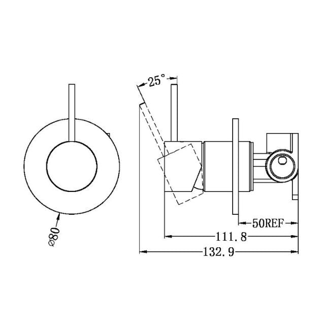Technical Drawing Nero Mecca 80mm Shower Mixer Handle Up in Brushed Bronze NR221911BBZ - The Blue Space