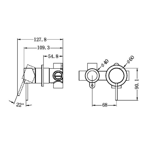Technical Drawing Nero Mecca Shower Mixer With Horizonal 2 Way Divertor in Chrome NR221911UCH - The Blue Space