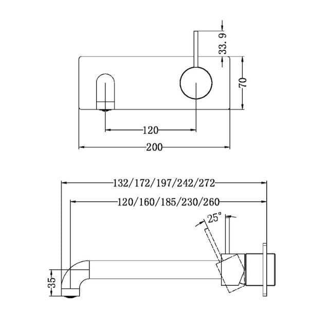 Technical Drawing Nero Mecca Wall Basin Mixer Handle Up 185mm Spout Matte White - NR221910B185MW - The Blue Space