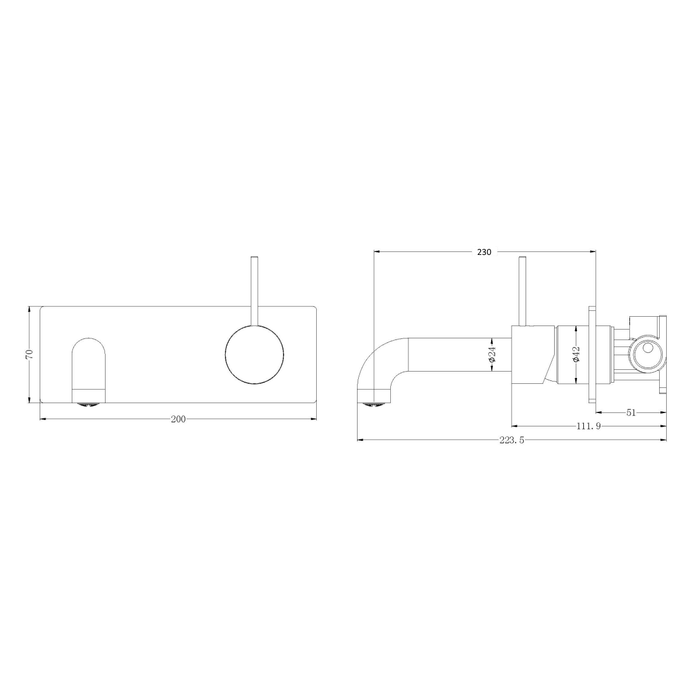 Technical Drawing: Nero Mecca Wall Basin Mixer Handle Up 230mm Spout Matte Black