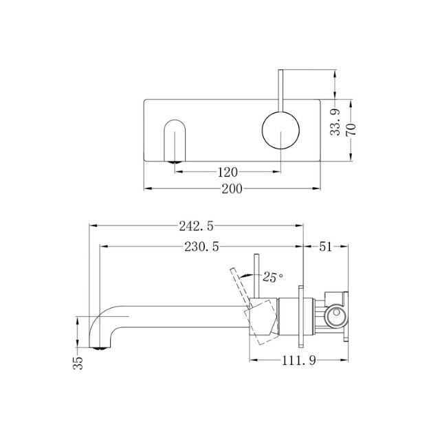 Technical Drawing Nero Mecca Wall Basin Mixer Handle Up 230mm Spout Matte White - NR221910B230MW - The Blue Space
