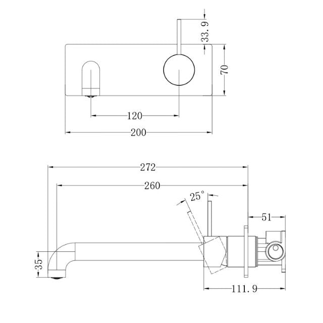 Technical Drawing Nero Mecca Wall Basin Mixer Handle Up 260mm Spout Matte Black - NR221910B260MB - The Blue Space
