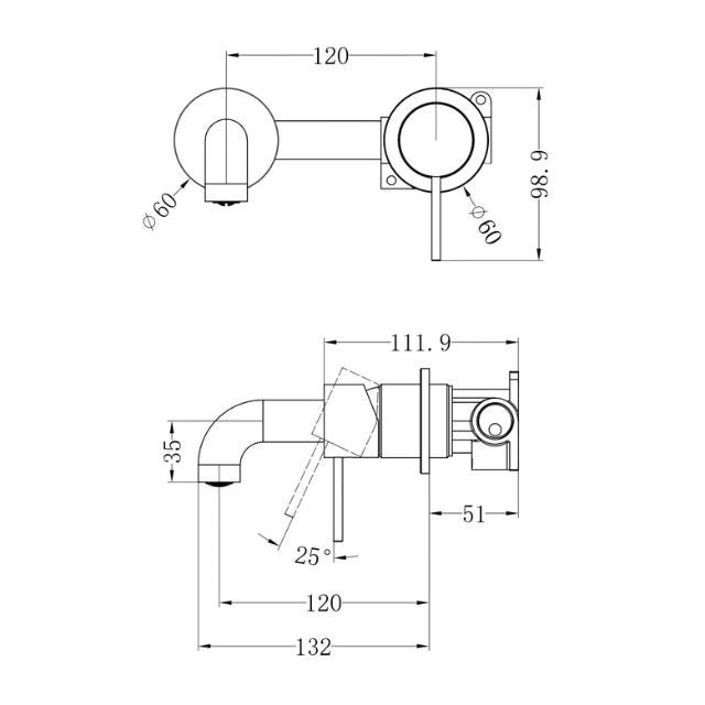 Technical Drawing Nero Mecca Wall Basin Mixer Sep BP 120mm Spout Matte Black - NR221910C120MB - The Blue Space