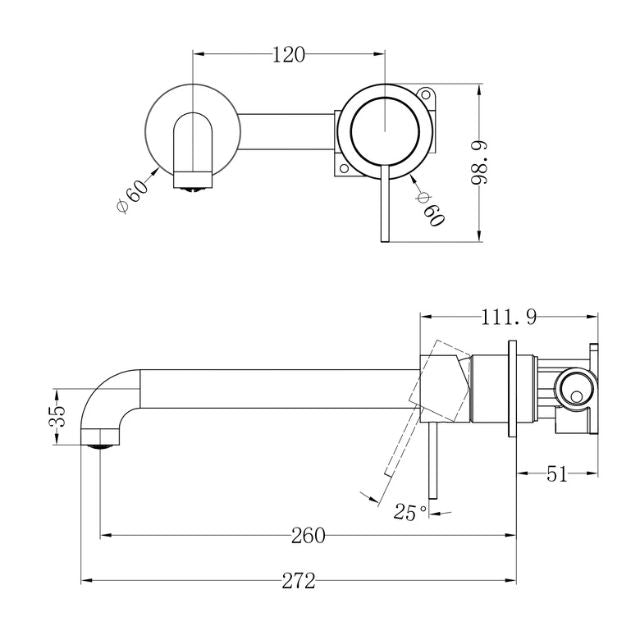 Technical Drawing Nero Mecca Wall Basin Mixer Separate Backplate 260mm Spout Chrome - NR221910C260CH - The Blue Space