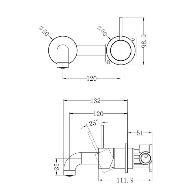 Technical Drawing Nero Mecca Wall Basin Mixer Separate Backplate Handle Up 120mm Spout Matte White - NR221910D120MW - The Blue Space