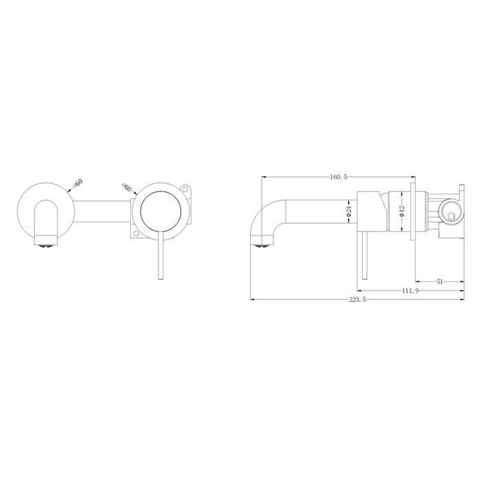 Technical Drawing: Nero Mecca Wall Basin Mixer Sep BP Handle Up 160mm Sp Matte Black