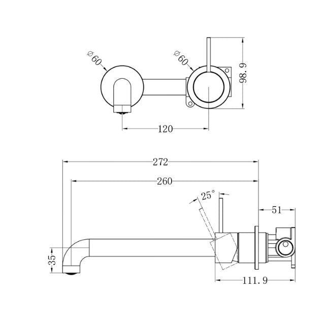 Technical Drawing Nero Mecca Wall Basin Mixer Separate Backplate with Handle Up Wall Mixer and 260mm Spout - Matte Black - NR221910D260MB - The Blue Space