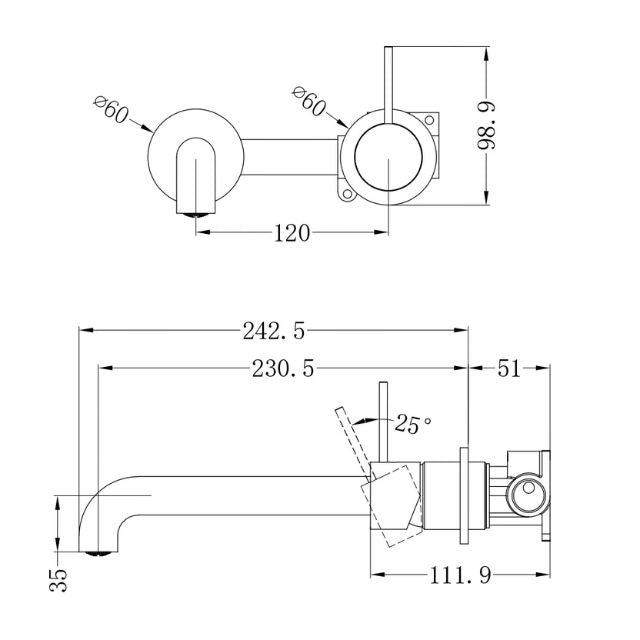 Technical Drawing Nero Mecca Wall Basin Mixer Separate Backplate with Handle Up Wall Mixer and 260mm Spout - Matte White  - NR221910D260MW - The Blue Space