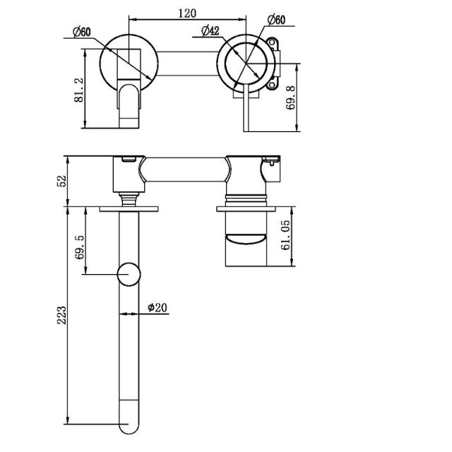 Technical Drawing Nero Mecca Wall Basin/Bath Mixer Set with Swivel Spout Length 225mm in Chrome NR221910RCH - The Blue Space