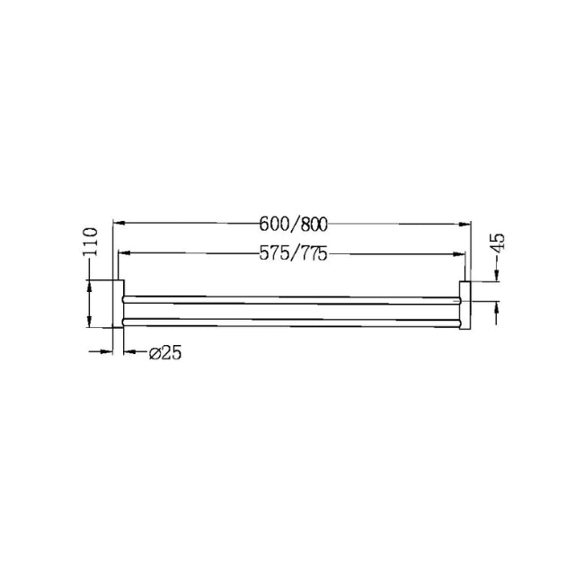 Technical Drawing Nero New Mecca Double Towel Rail 800mm Matte Black NR2330dMB | The Blue Space