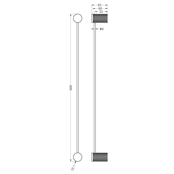 Technical Drawing: Nero Opal Single Towel Rail Brushed Nickel 600mm