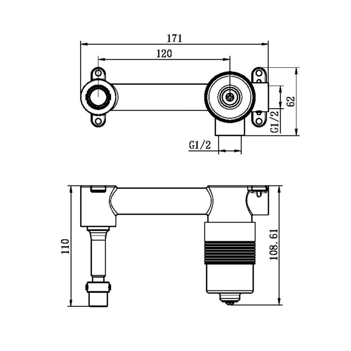 Technical Drawing Nero Premium 35mm Universal Wall Basin/Bath Mixer Body Only NRUB001P - The Blue Space