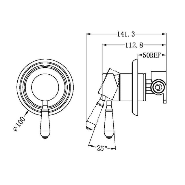 Technical Drawing Nero York Shower Mixer With Metal Lever Aged Brass NR69210902AB - The Blue Space