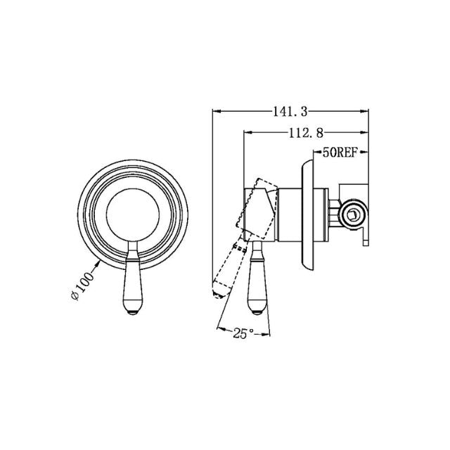 Technical Drawing Nero York Shower Mixer With White Porcelain Lever Brushed Nickel NR69210901BN - The Blue Space