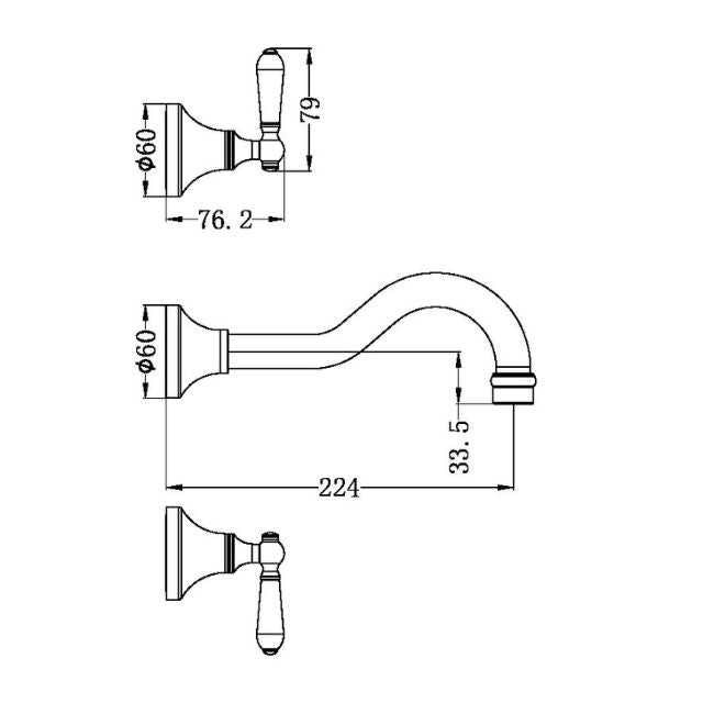 Technical Drawing Nero York Wall Basin Set With White Porcelain Lever Matte Black NR692107a01MB - The Blue Space