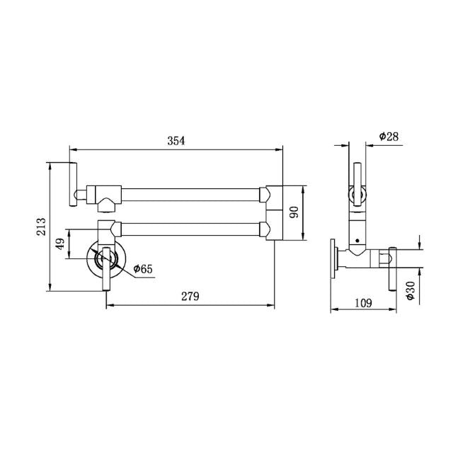 Technical Drawing Nero Zen 316L Stainless Steel Pot Filler Brushed Nickel NR162203BN - The Blue Space