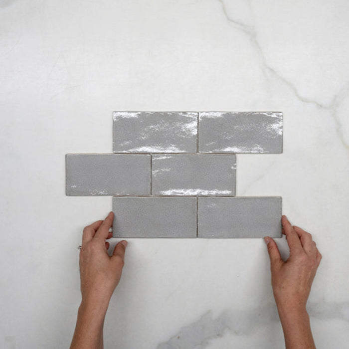 Pattern With Hand Nickel Grey Dianna Hand Made Subway Tile 75 x 150 x 9mm Spanish Ceramic  - The Blue Space