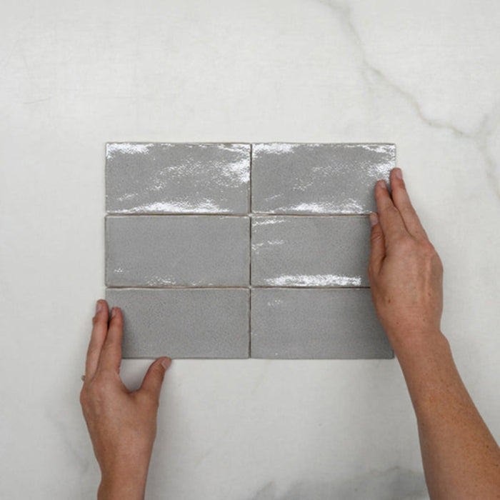 With Hand Nickel Grey Dianna Hand Made Subway Tile 75 x 150 x 9mm Spanish Ceramic  - The Blue Space