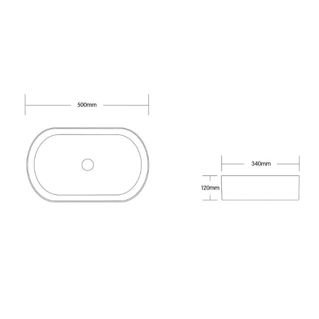 Technical Drawing Otti Quay 500mm Oval Above Counter Basin - Gloss White OT5035 - The Blue Space