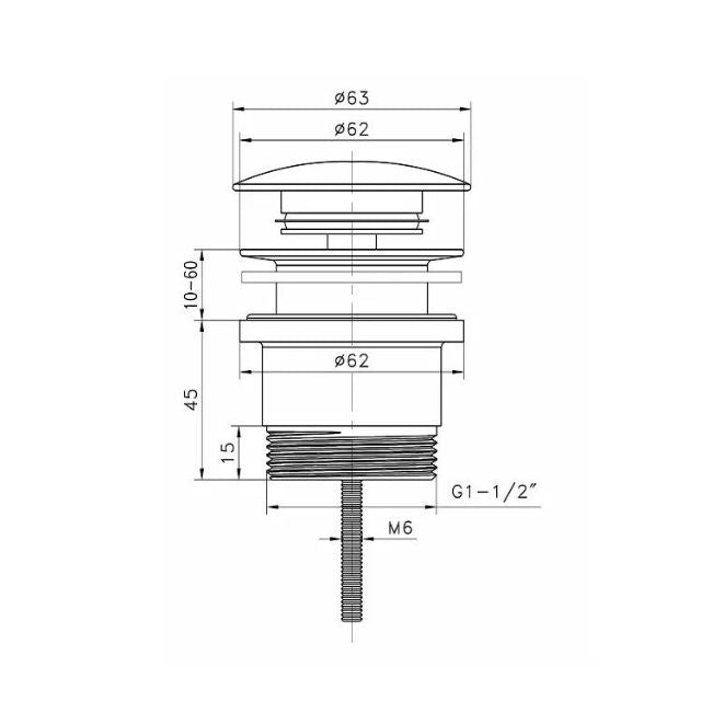 Technical Drawing Otti Universal Mushroom 32mm Pop Up Waste - Brushed Nickel M43BN - The Blue Space