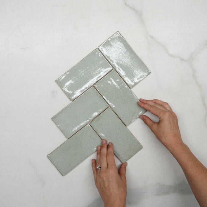Fishbone WIth Hand Pale Green Dianna Hand Made Subway Tile 75 x 150 x 9mm Spanish Ceramic  - The Blue Space