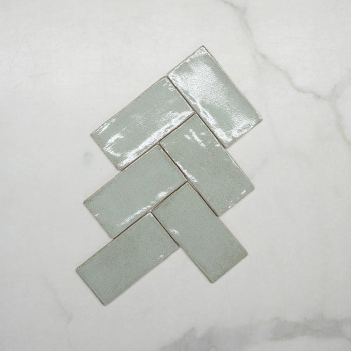 Fishbone No Hand Pale Green Dianna Hand Made Subway Tile 75 x 150 x 9mm Spanish Ceramic  - The Blue Space