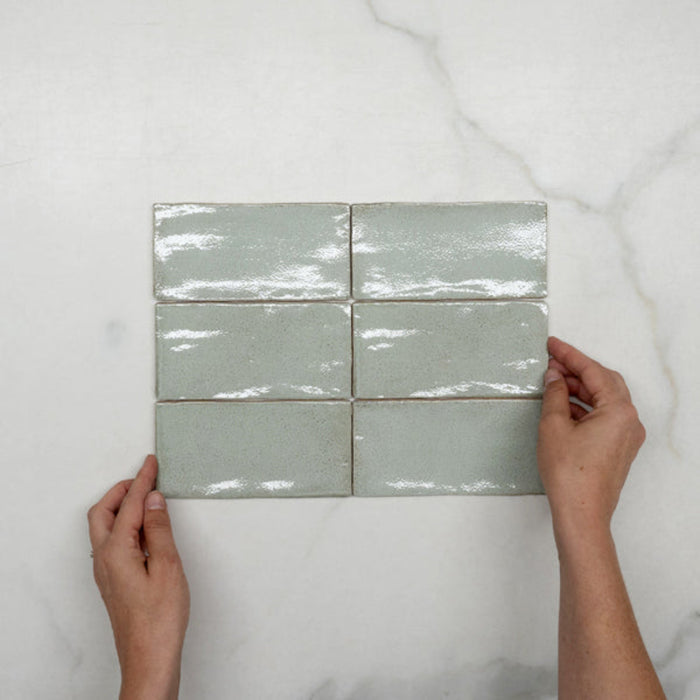 With Hand Pale Green Dianna Hand Made Subway Tile 75 x 150 x 9mm Spanish Ceramic  | The Blue Space