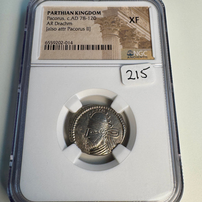 Parthian Empire, Pacorus I & II (78-120 AD) Silver Drachm, NGC XF