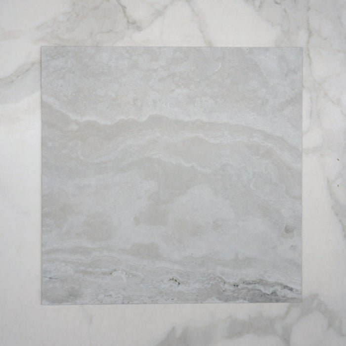 No Hand Pearl Ivy Vein Cut Travertine Look Tile Tech Grip 600 x 600 x 10mm Porcelain  - The Blue Space