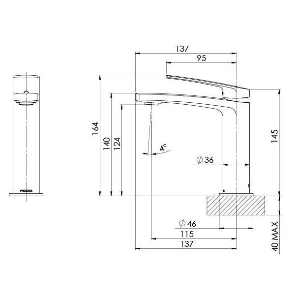 Phoenix Mekko Basin Mixer Brushed Carbon - Technical Drawing