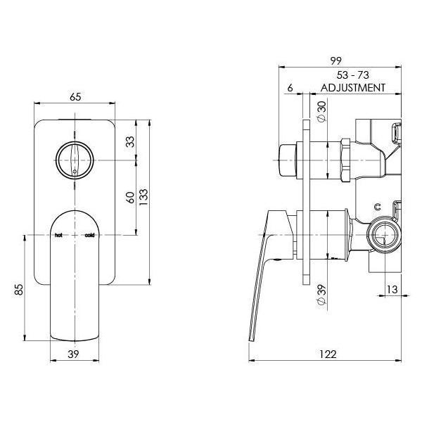 Technical Drawing - Phoenix Mekko Shower/Bath Diverter Mixer - Matte Black