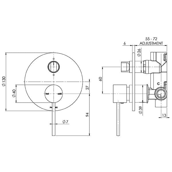 Phoenix Vivid Slimline Shower/Bath Diverter Mixer-Brushed Gold - specs - line drawing and dimensions