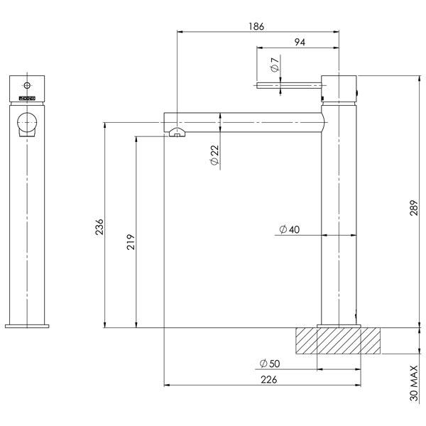 Phoenix Vivid Slimline Vessel Mixer-Brushed Nickel specs- line drawing and dimensions