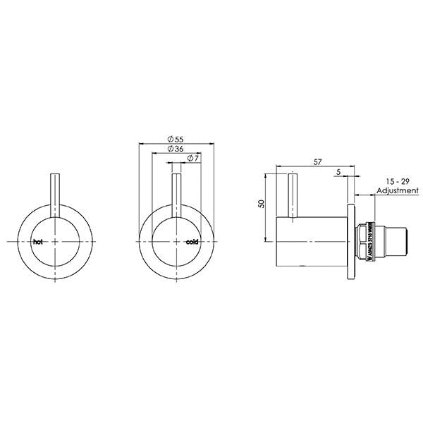 Phoenix Vivid Slimline Wall Top Assemblies 15mm Ext Spindles - Chrome  specs- line drawing and dimensions