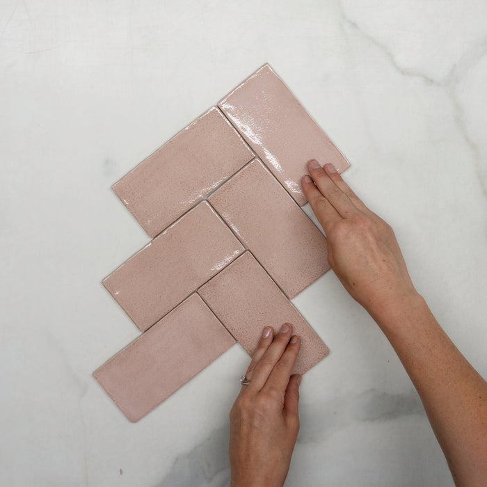 Fishbone With Hand Pink Dianna Hand Made Subway Tile 75 x 150 x 9mm Spanish Ceramic  - The Blue Space