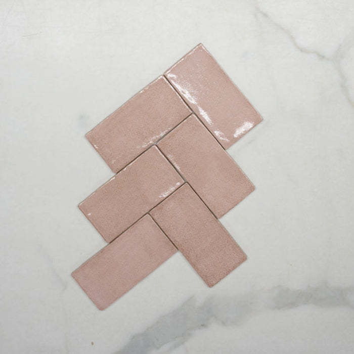 Fishbone No Hand Pink Dianna Hand Made Subway Tile 75 x 150 x 9mm Spanish Ceramic  - The Blue Space