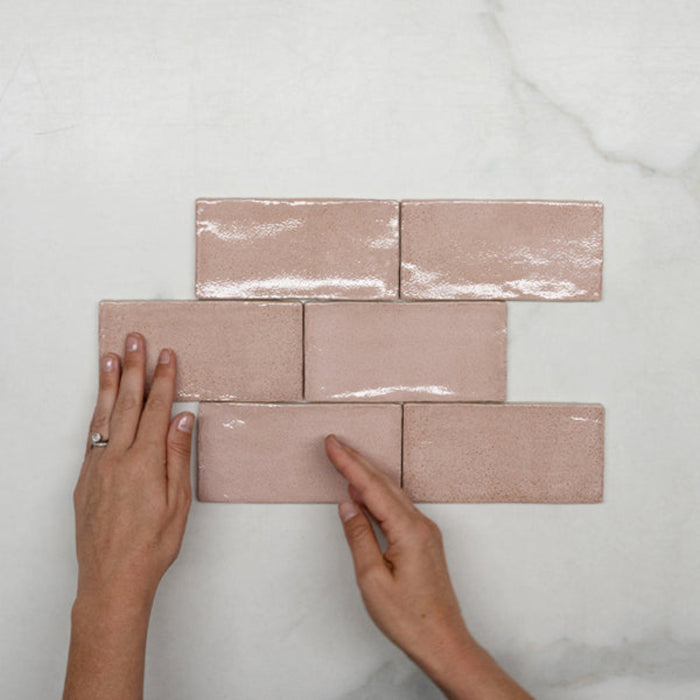 Pattern With Hand Pink Dianna Hand Made Subway Tile 75 x 150 x 9mm Spanish Ceramic  - The Blue Space