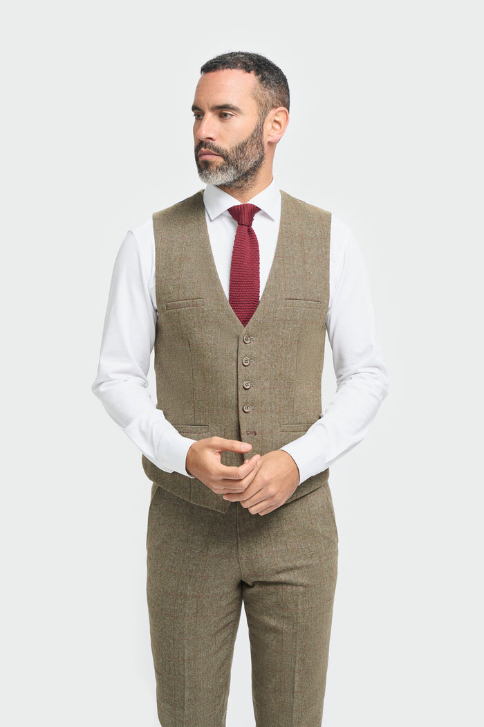 Sage Tweed Check Waistcoat - House of Cavani