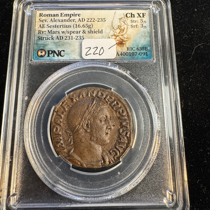 Severus Alexander (222-235 AD) Roman Empire AE Sestertius, Rx: Mars w/spear, RIC-635b, PNC Choice XF